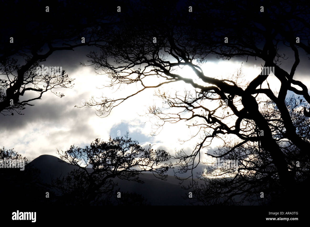 Stormy night sky as daylight fades seen in the Lake District in Cumbria in England in the United Kingdom. Stock Photo