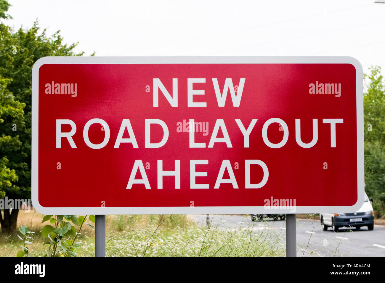 New road layout ahead road sign Stock Photo