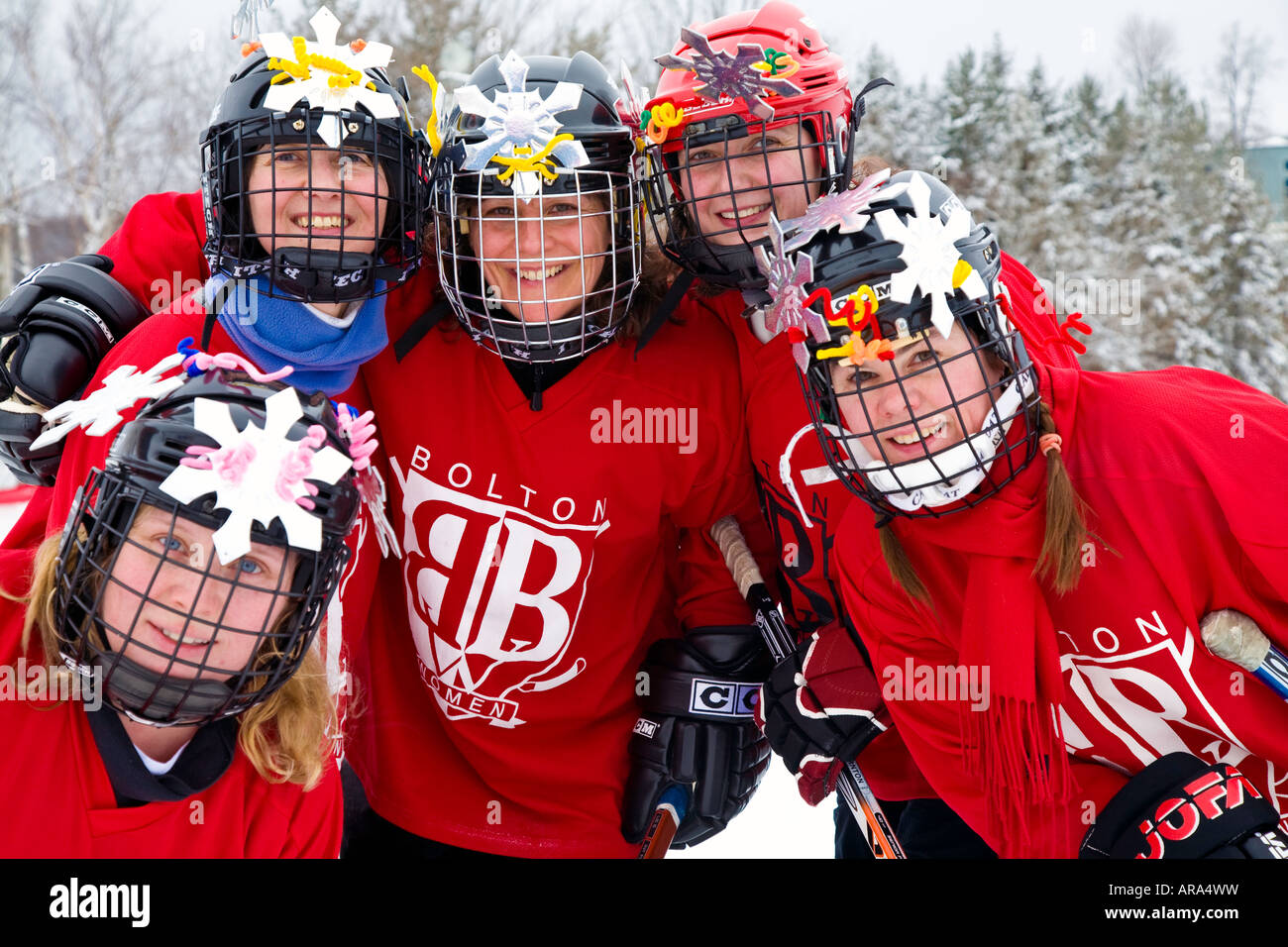 Five female competitors in Team of Pond Hockey Competition Stock Photo