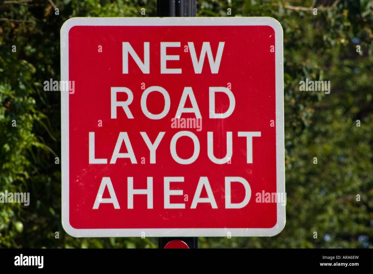 New road layout ahead road sign Stock Photo
