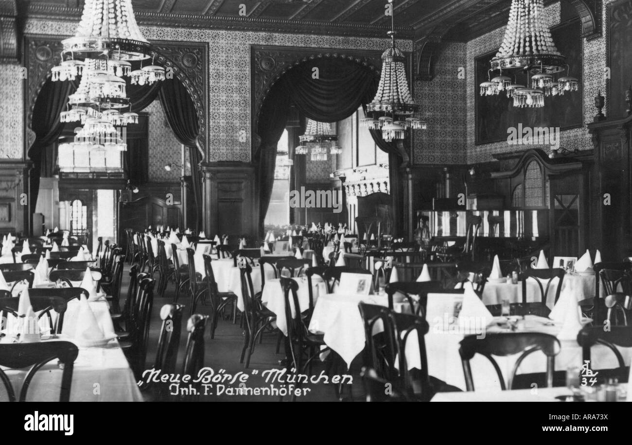geography/travel, Germany, Munich, gastronomy, restaurant 'Neue Börse', interior view, dining room, postcard, 1934, , Stock Photo