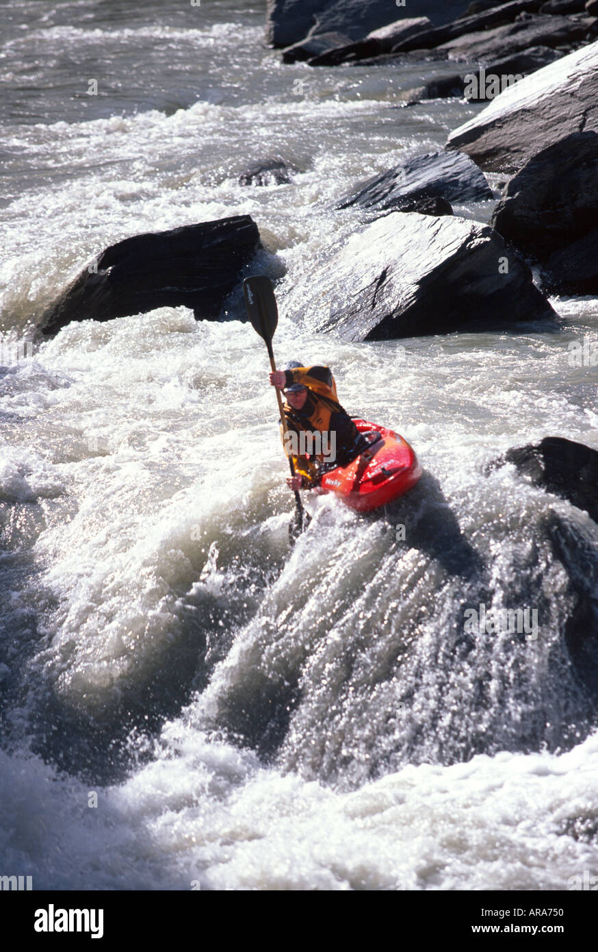 Kayaker Mother in law Rapid Shotover River near Queenstown South Island New Zealand Stock Photo