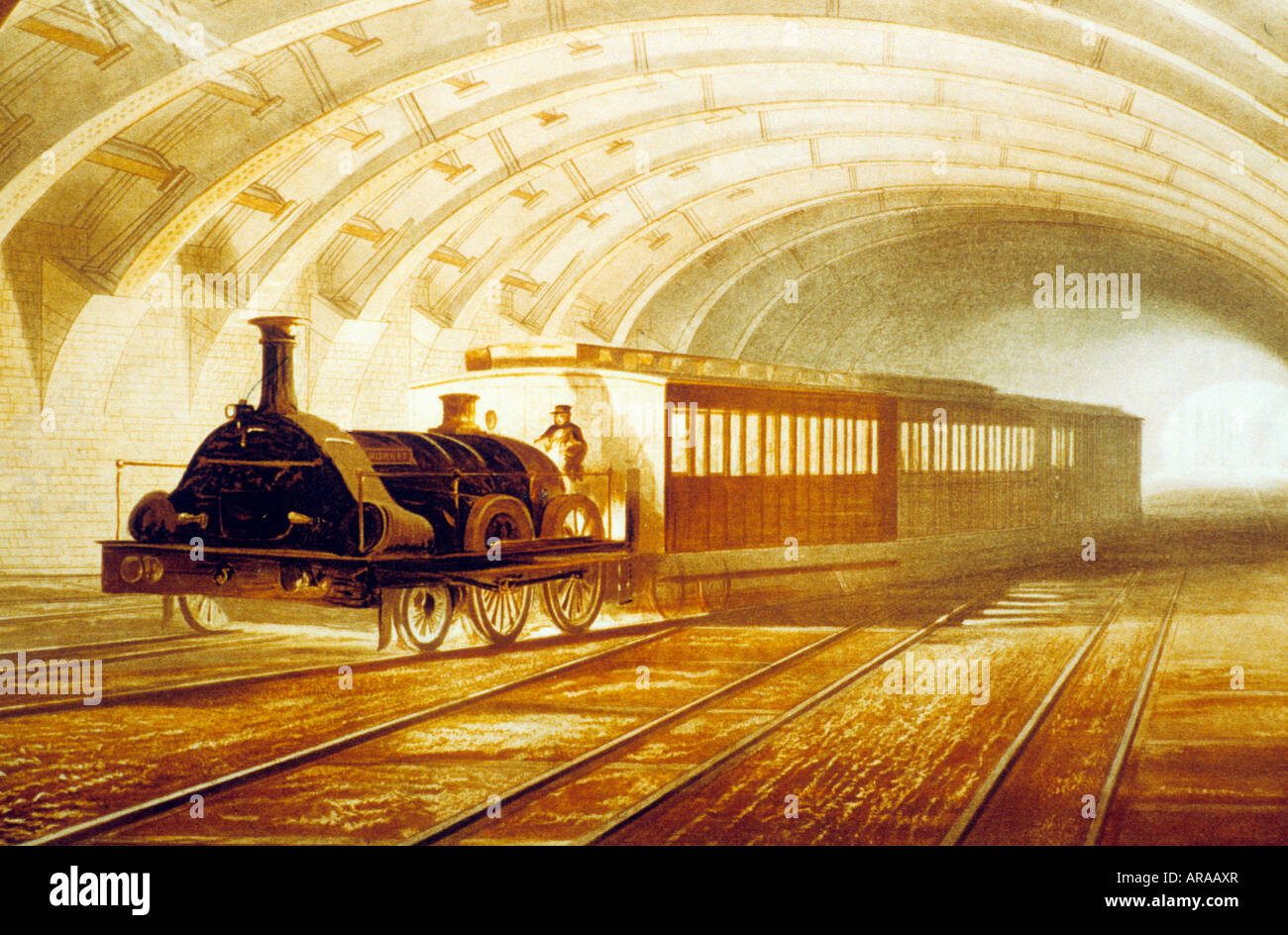 London Transport Museum historical print early underground train carriages history tube travel England English UK Stock Photo