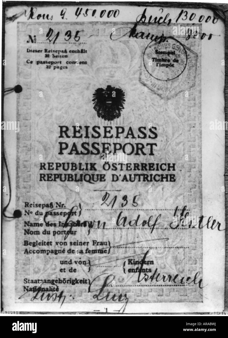 Hitler, Adolf, 20.4.1889 - 30.4.1945, German politician (NSDAP), passport, issued by the Austrian consulat general in Munich, , Stock Photo