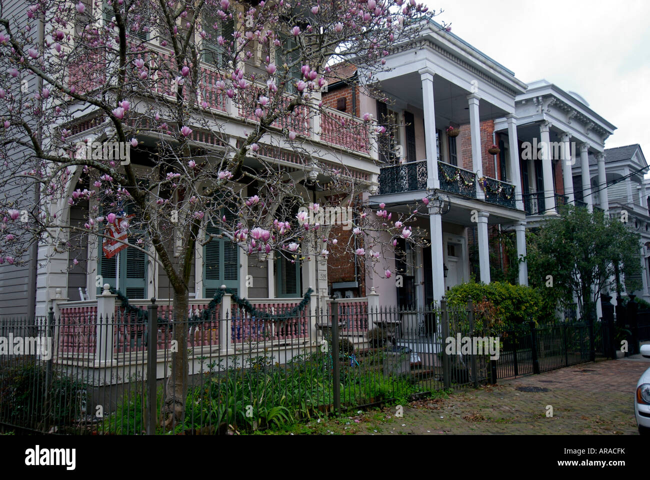 Row of houses on a street in New Orleans Louisiana USA Stock Photo