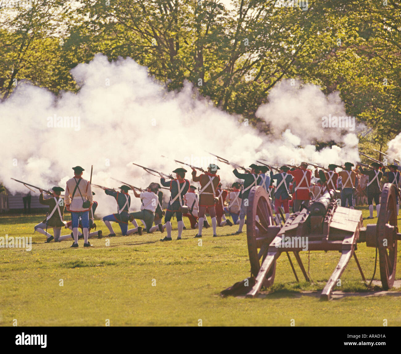 reenactment of a battle of the Revolutionary War at Colonial Williamsburg Virginia Stock Photo