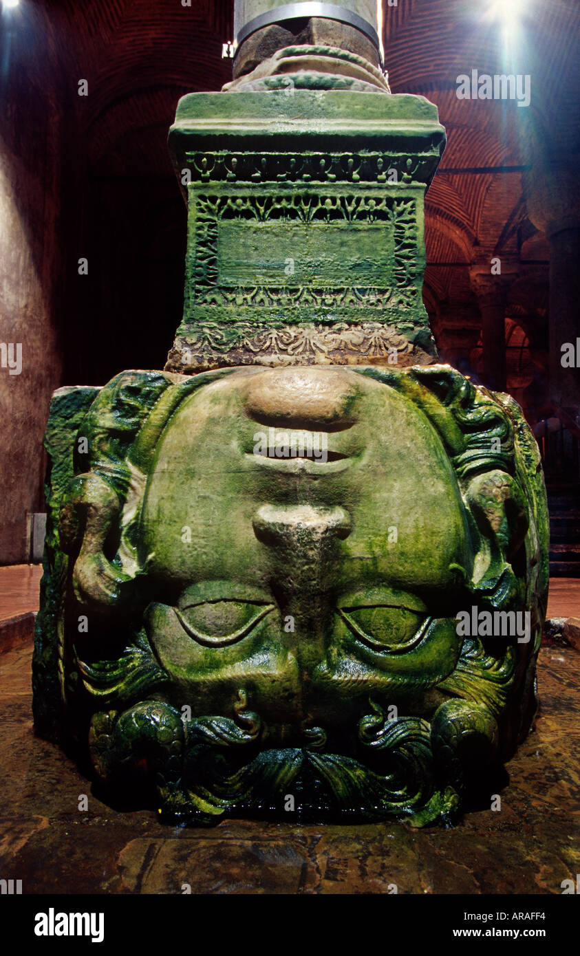 Upside down Medusa head marble sculpture used as a column base in the