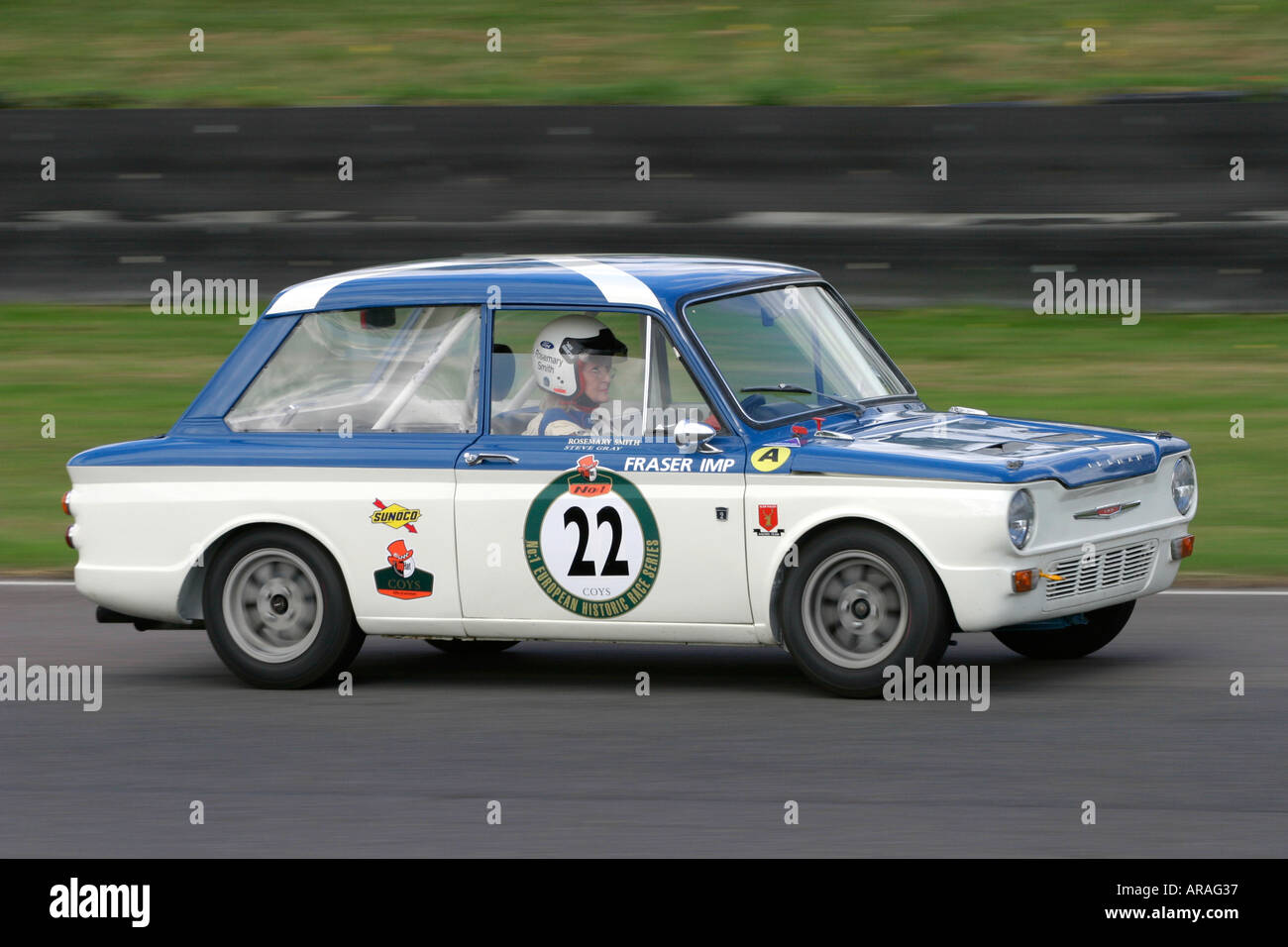 1965 Hillman Imp, driver; Rosemary Smith at Goodwood Revival, Sussex, UK Stock Photo