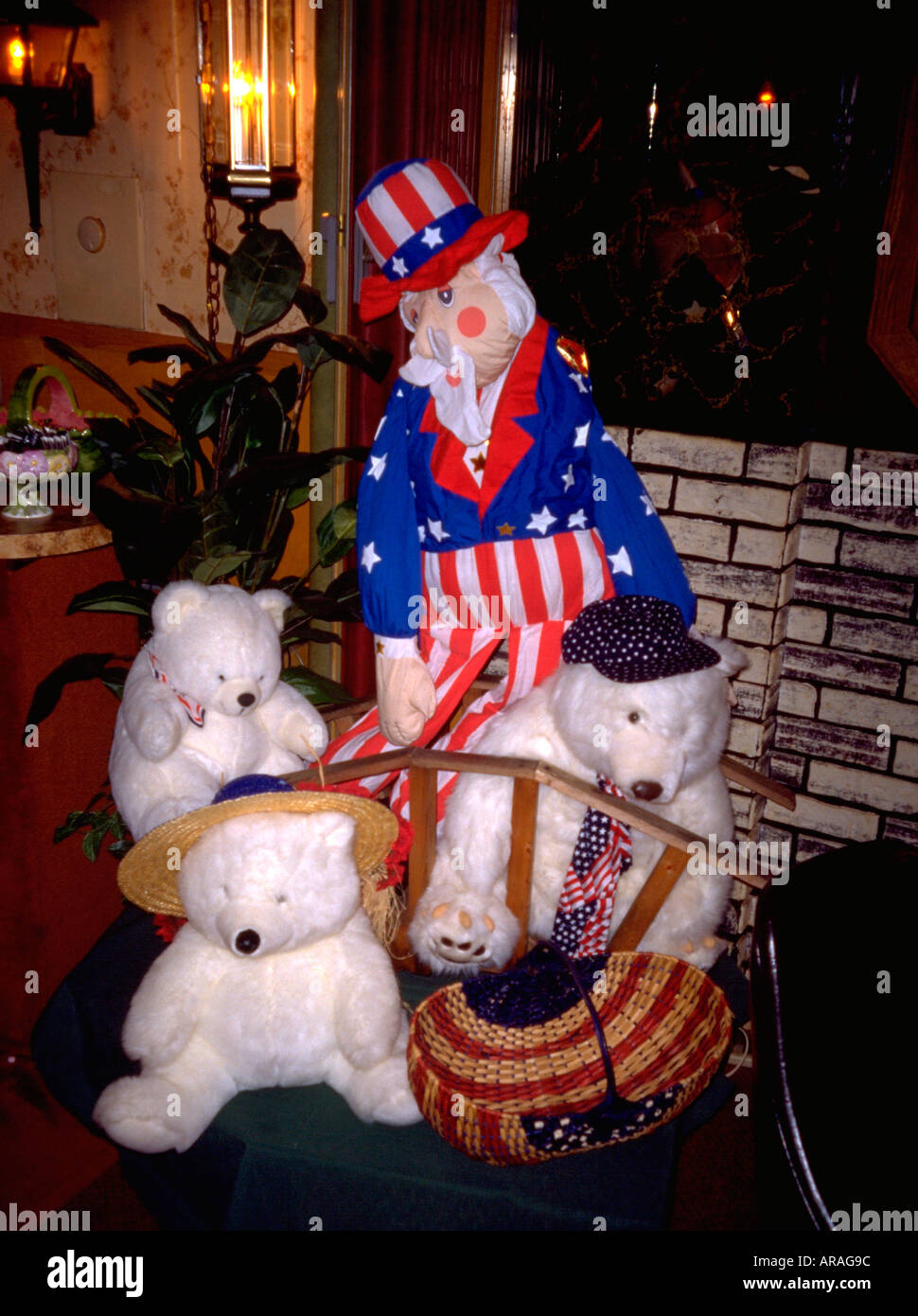 Uncle Sam and polar bear friends dressed in patriotic gear. Dundee Wisconsin WI USA Stock Photo