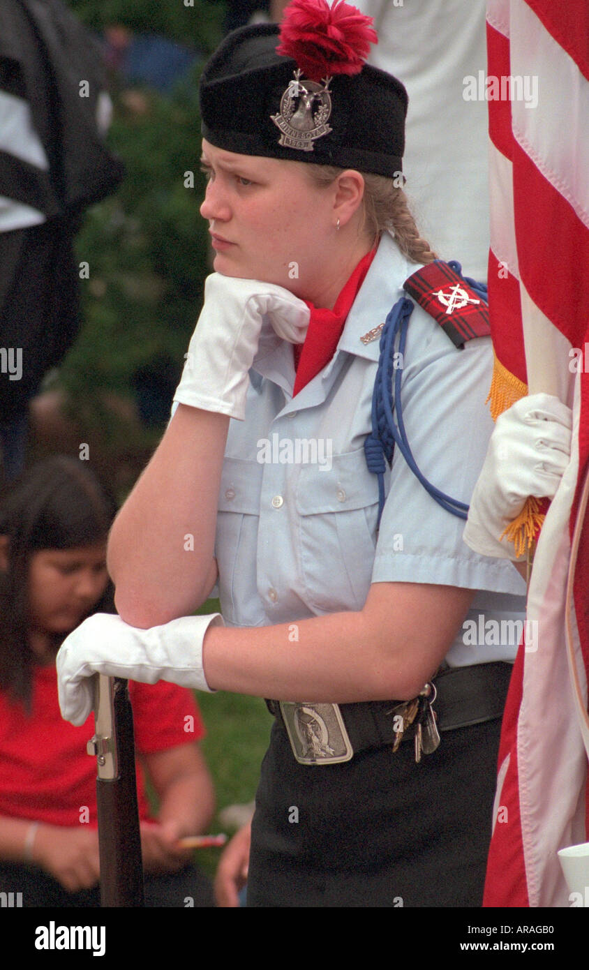 Thoughtful color guard age 17 participating in the  Memorial Day service. St Paul Minnesota MN USA Stock Photo
