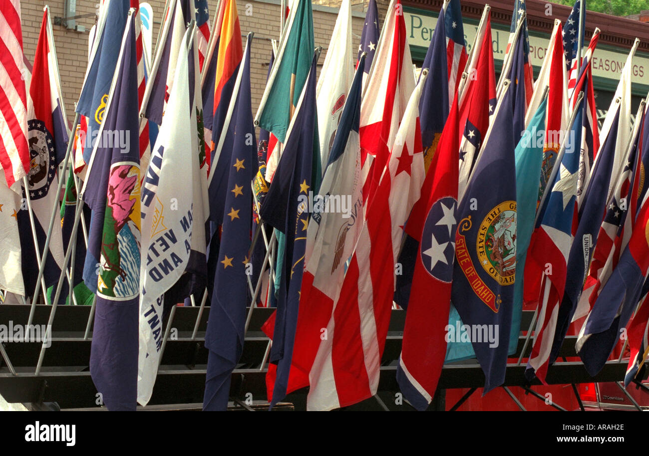 Grand Old Day Parade showing various flags around the world. St Paul Minnesota MN USA Stock Photo