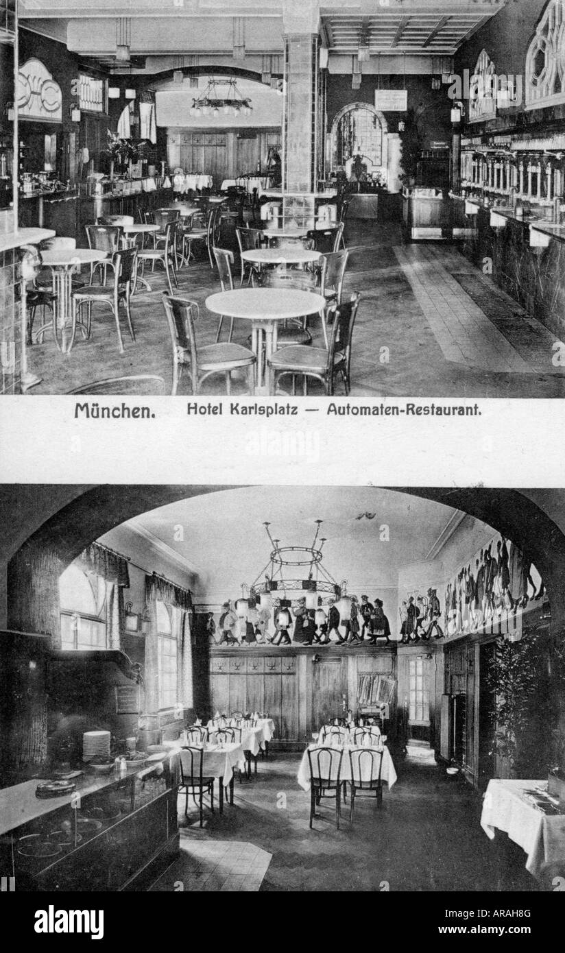 geography/travel, Germany, Munich, gastronomy, Hotel Karlsplatz, automat restaurant, interior view, postcard, stamped 17.11.1911, Stock Photo
