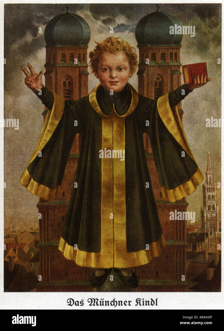 geography / travel, Germany, Munich, Münchner Kindl, art postcard after painting by Franz Xaver Wilfried Braunmiller (1905 - 1993), August Lengauer publisher,  towers, Cathedral, Munich Child, symbol, Bavaria, Europe, 20th century, historic, historical, 1990s, Stock Photo