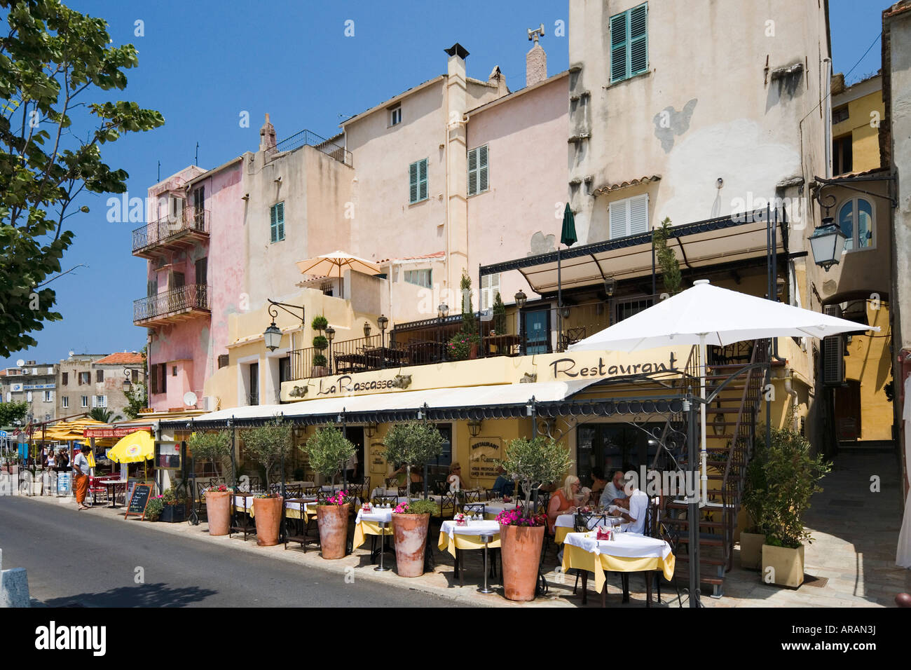 Harboufront restaurant, Place des Portes, St Florent, The Nebbio, Corsica, France Stock Photo