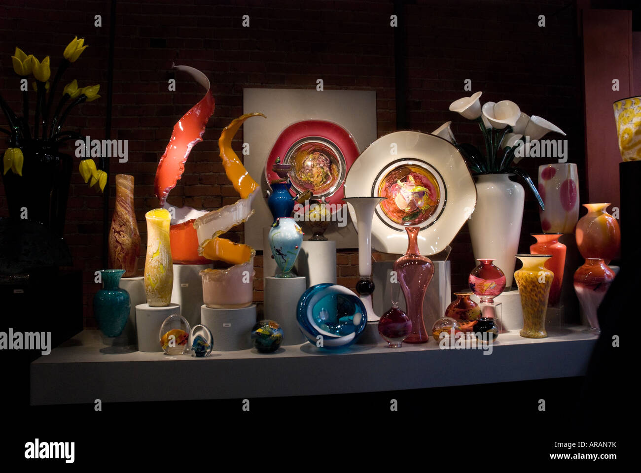 hand blown glassware on display at Glasshouse Studio along Occidental