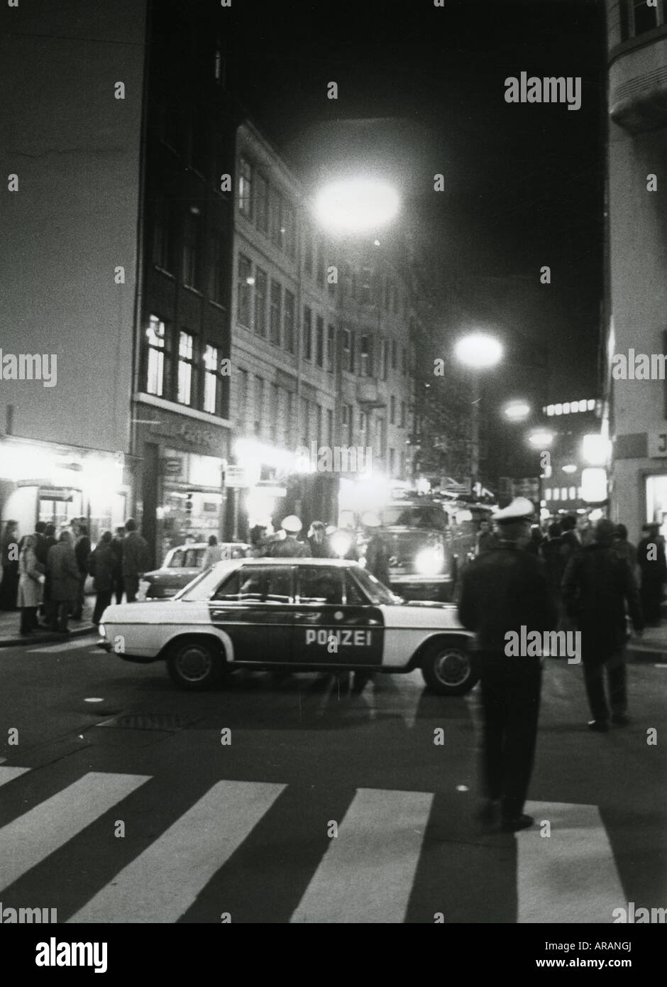 police, Germany, operation, patrol car is locking a street, night shot, 1972, Stock Photo