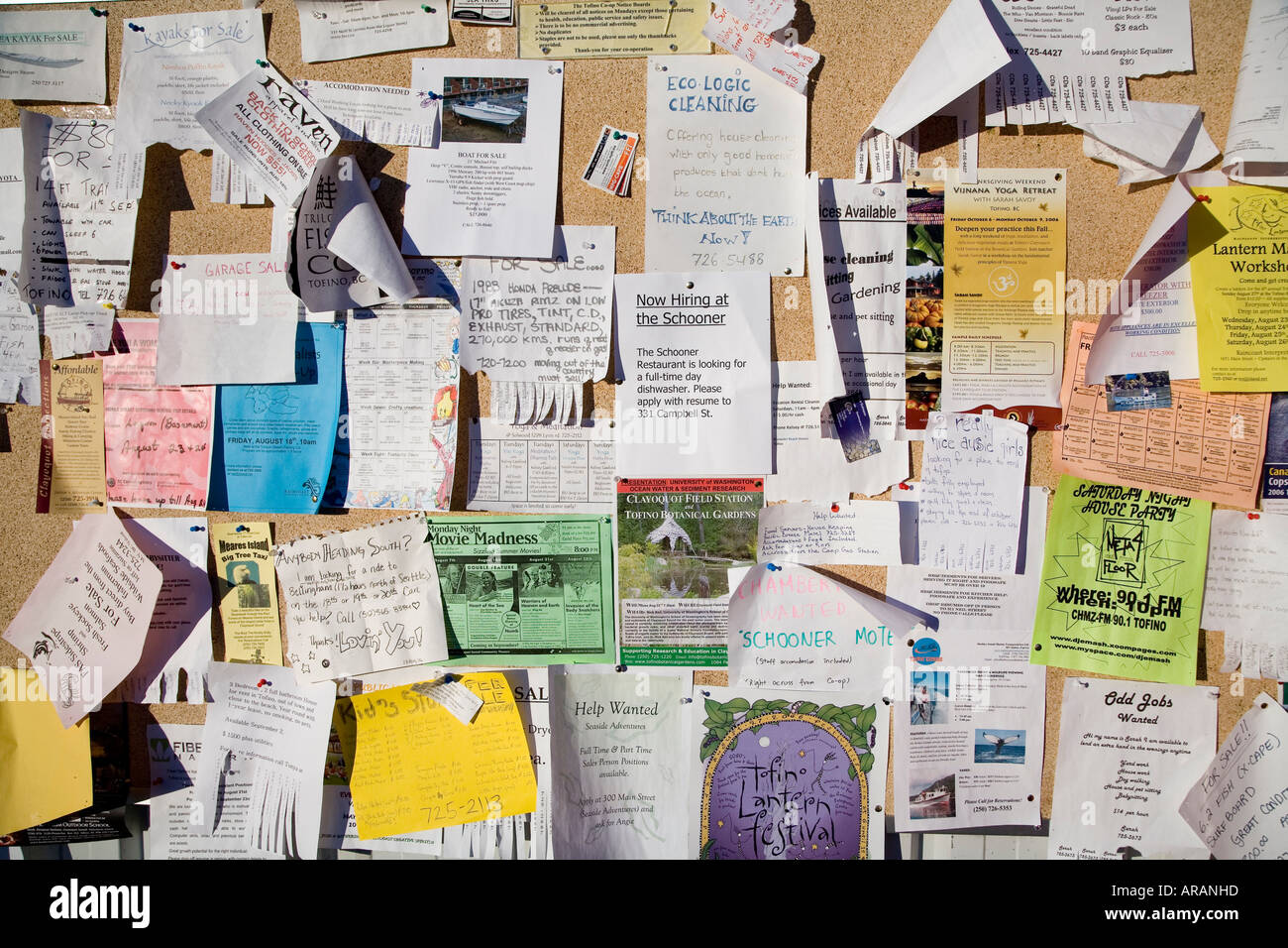 Notices and messages pinned to cork board Tofino Vancouver island
