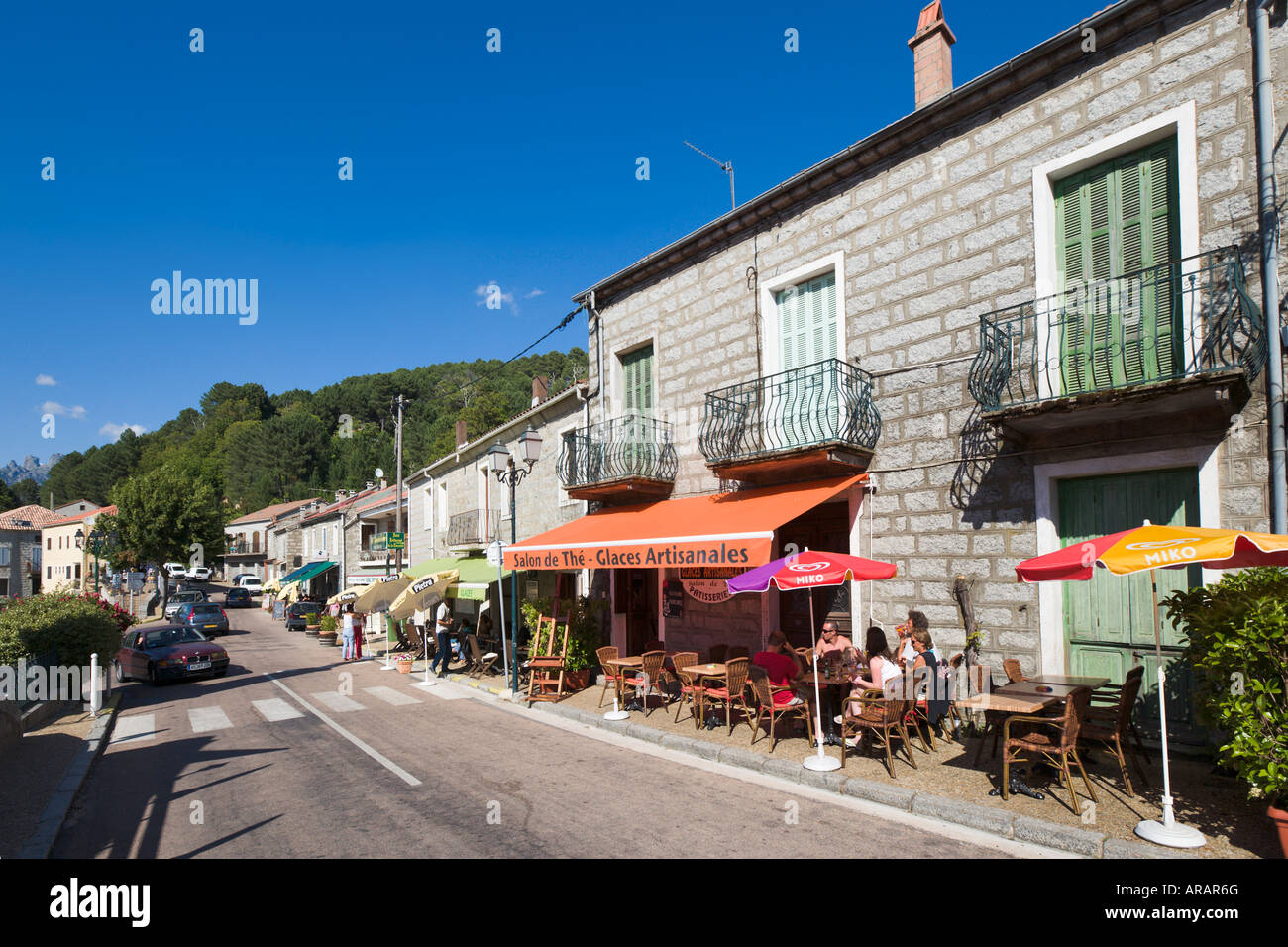Cafe on the Main Street in the mountain village of Zonza, Alta Rocca, Corsica, France Stock Photo