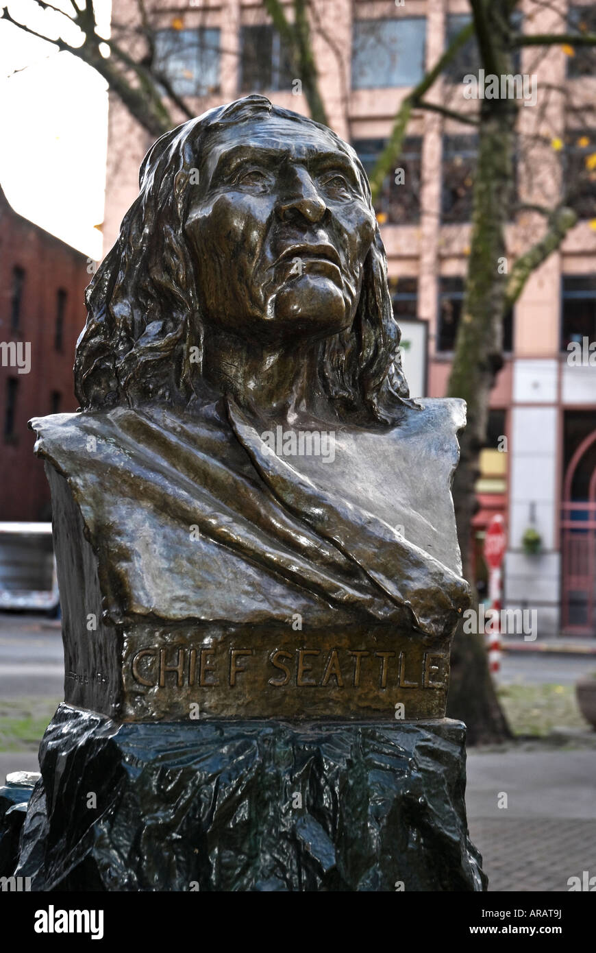 Bust of Native American Chief Seattle in Pioneer Square Seattle Washington Stock Photo