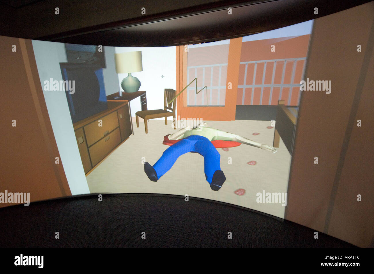 Professor David Miller specialist in landscape reconstruction demonstrates the walk through virtual reality crime scene Stock Photo