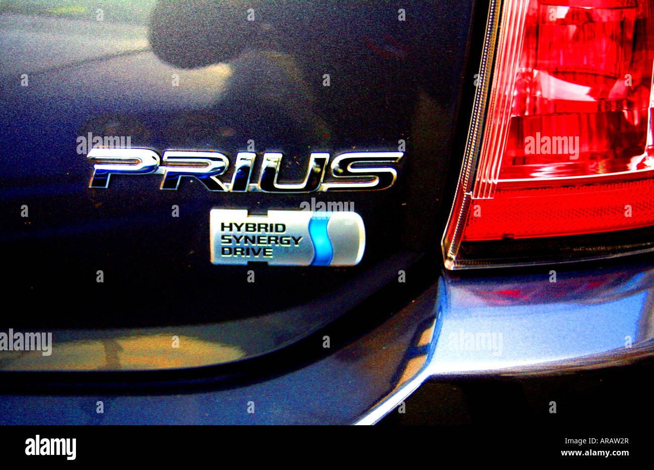 Close up of rear of Toyota Prius hybrid petrol electric car Stock Photo