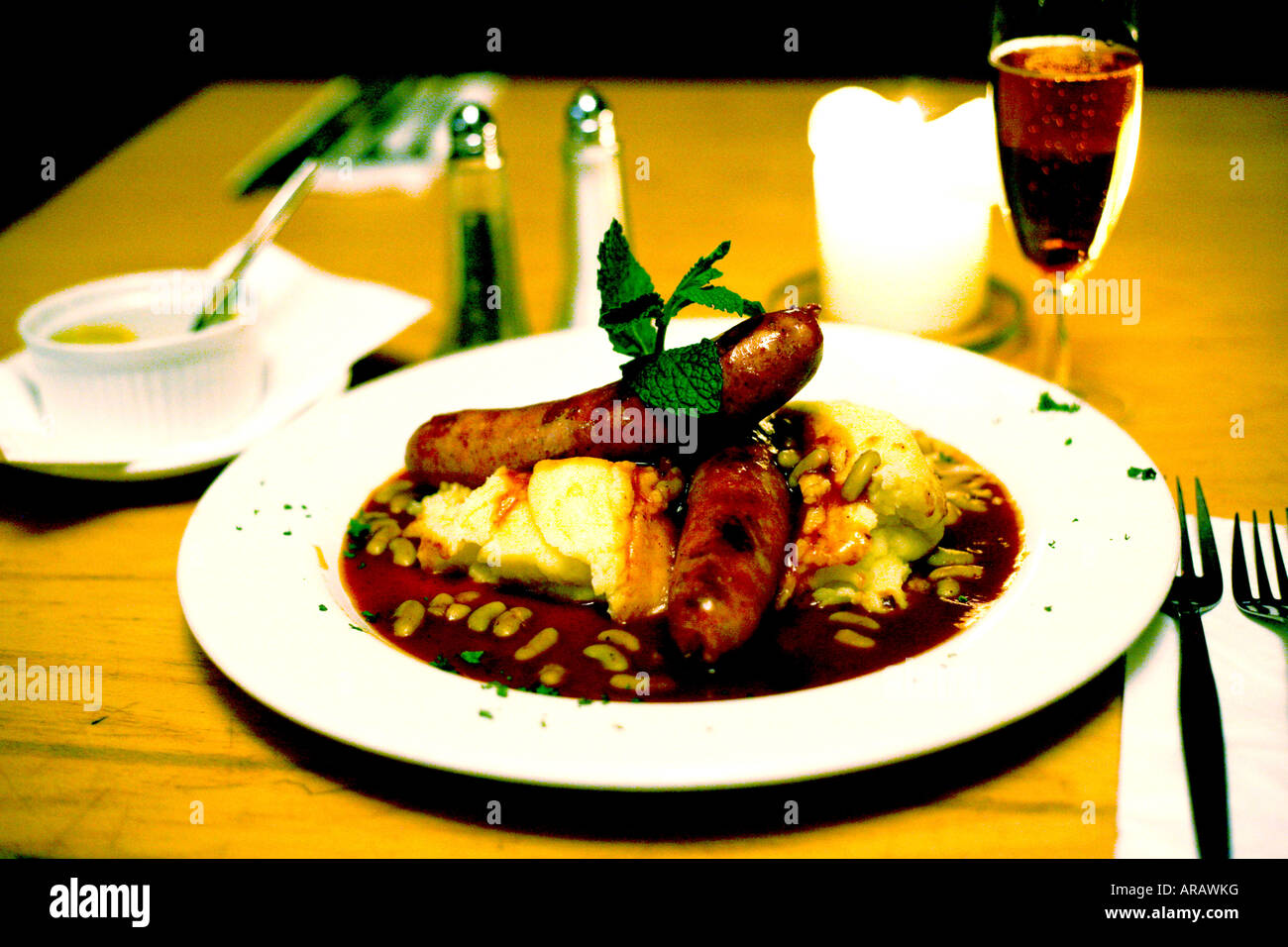 Bangers and mash on restaurant table London 2007 Stock Photo Alamy