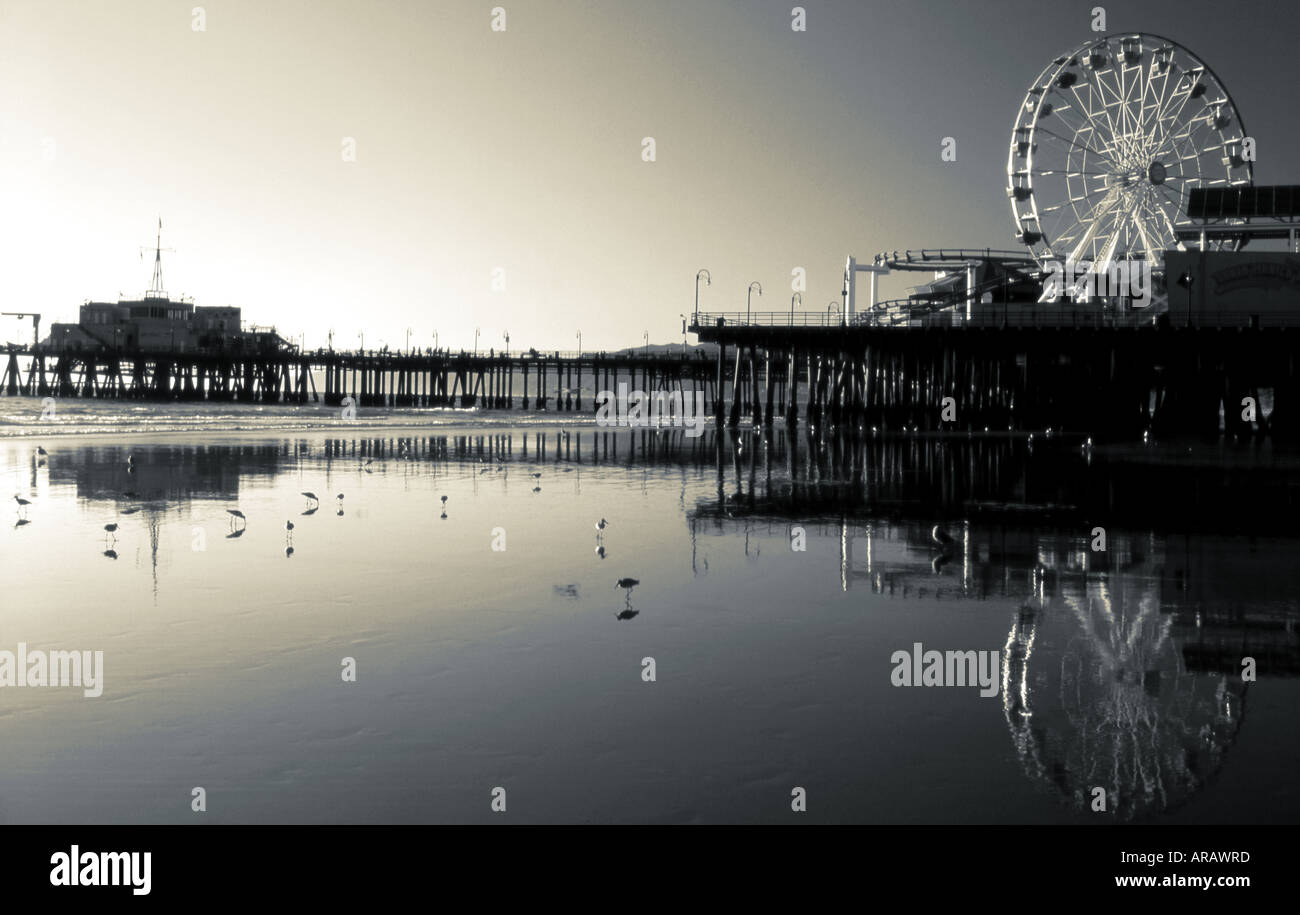 Black And White Low Tide Reflections At Sunset Santa Monica Pier Santa Monica Los Angeles County California USA Stock Photo