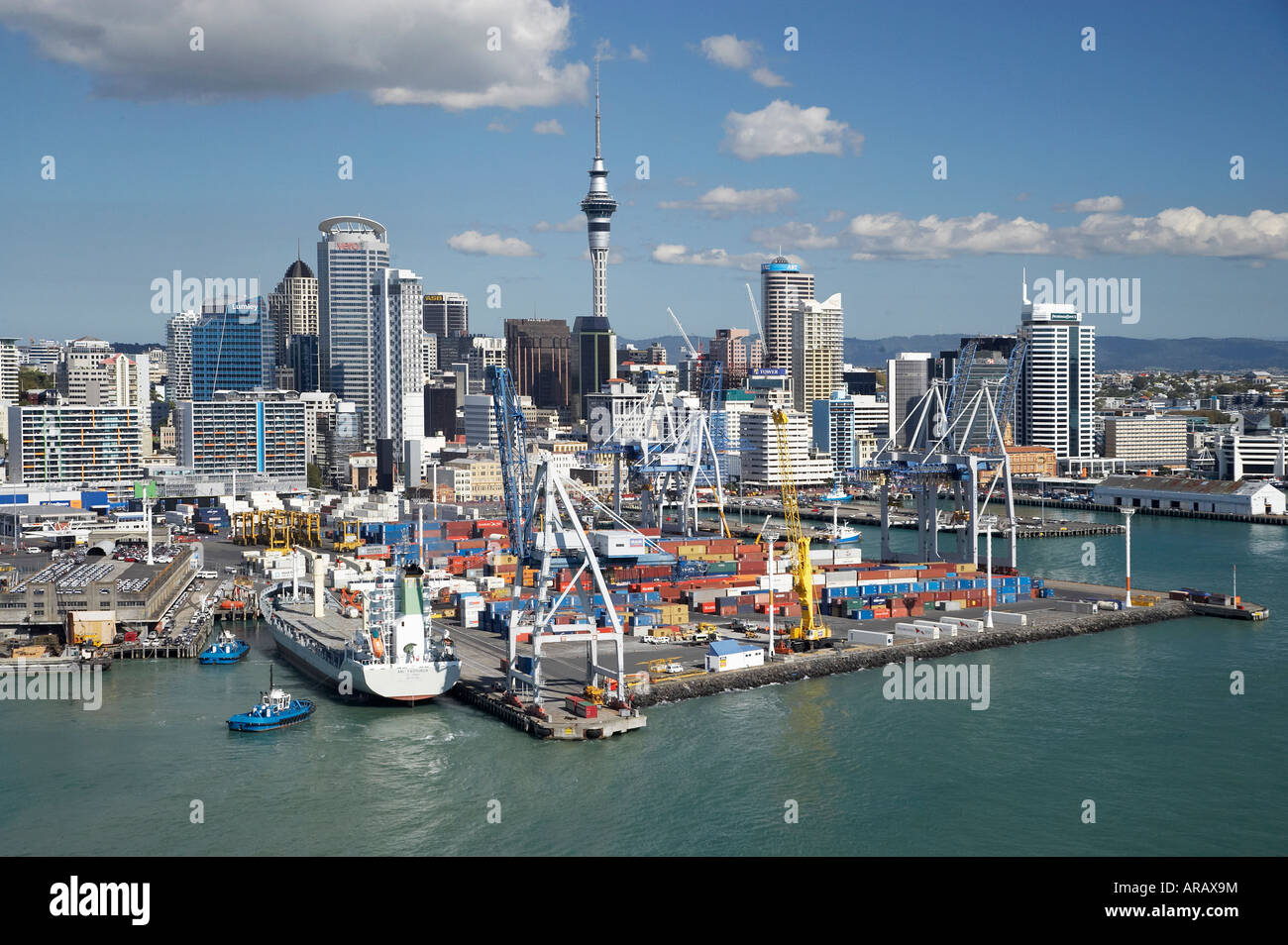 Ports of Auckland CBD and Sky Tower North Island New Zealand Aerial Stock Photo
