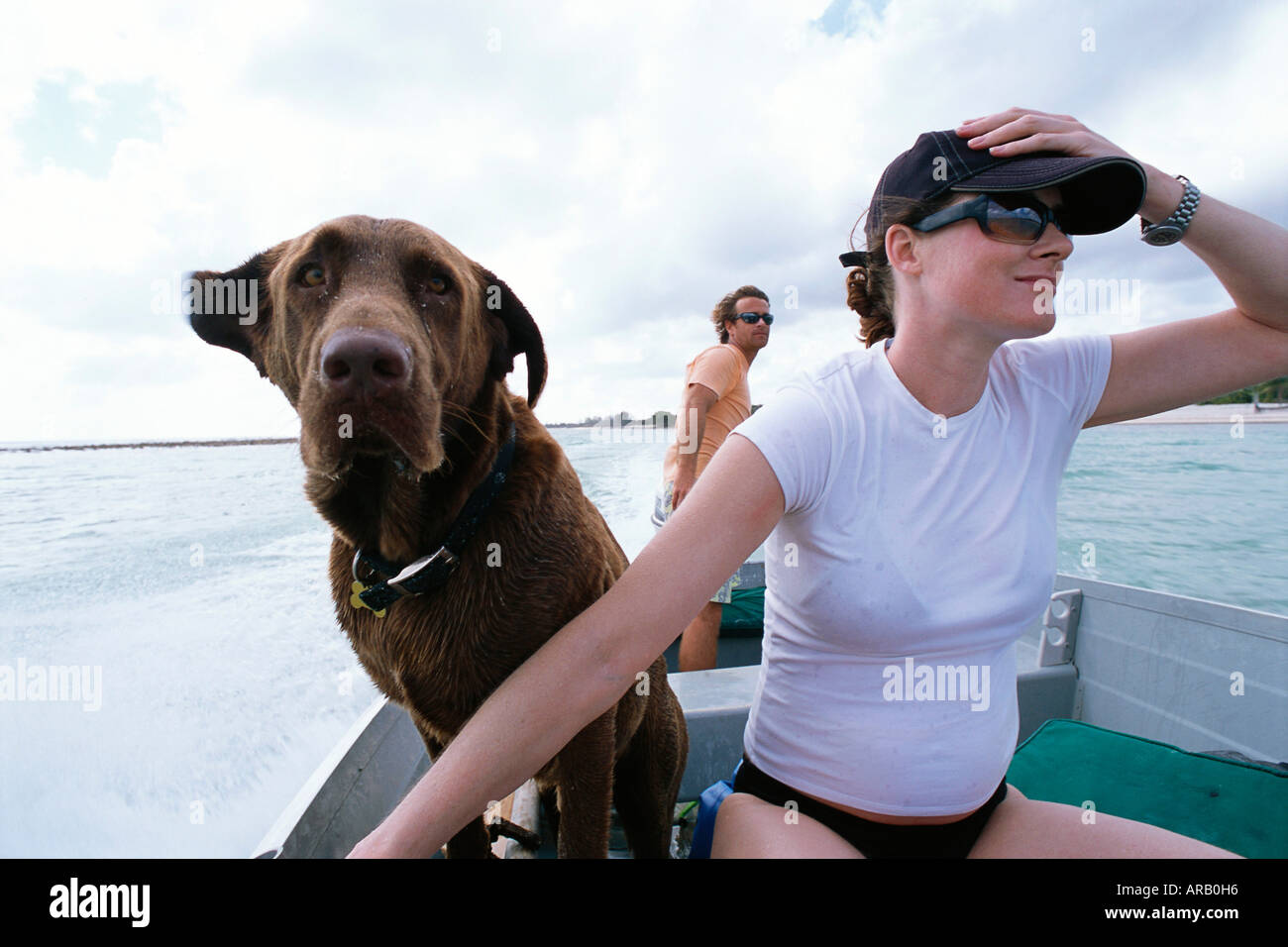 Couple Boating With Dog, Cayman Islands Stock Photo Alamy
