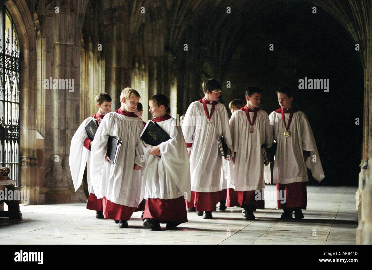 Choirboys in the cloisters in Worcester cathedral Worcestershire UK April 2001 Stock Photo