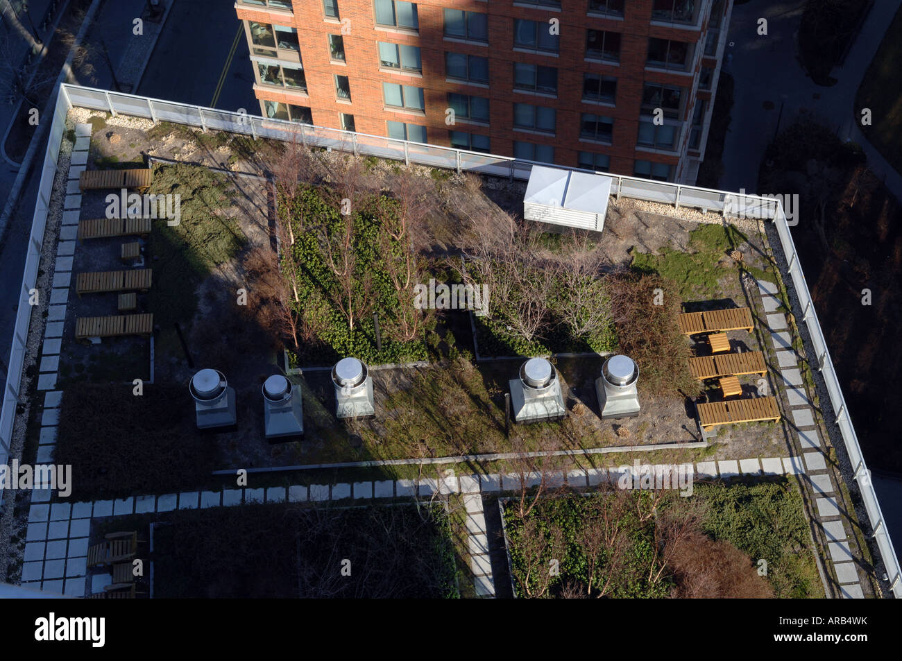 Green roof terrace of The Solaire a green building in Battery Park City in NYC Stock Photo