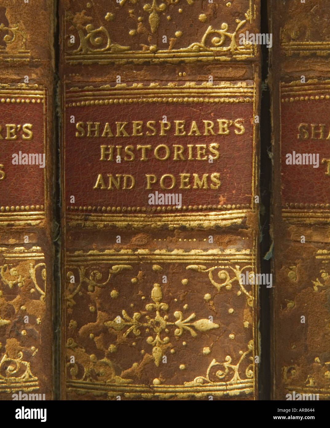 Detail of leather bound volumes of William Shakespeare s works Stock Photo