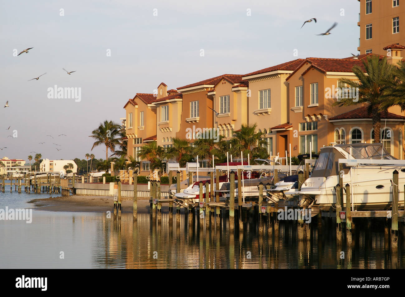 Clearwater Beach, Florida Condominium complex building with boat dock