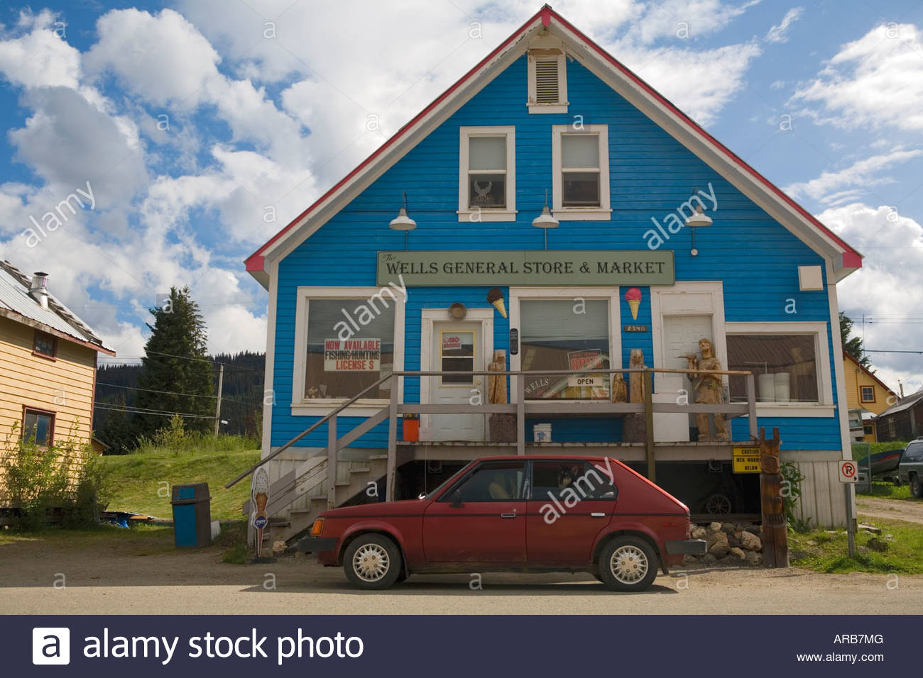 Car parked outside general store in the ghost town of Wells BC Stock