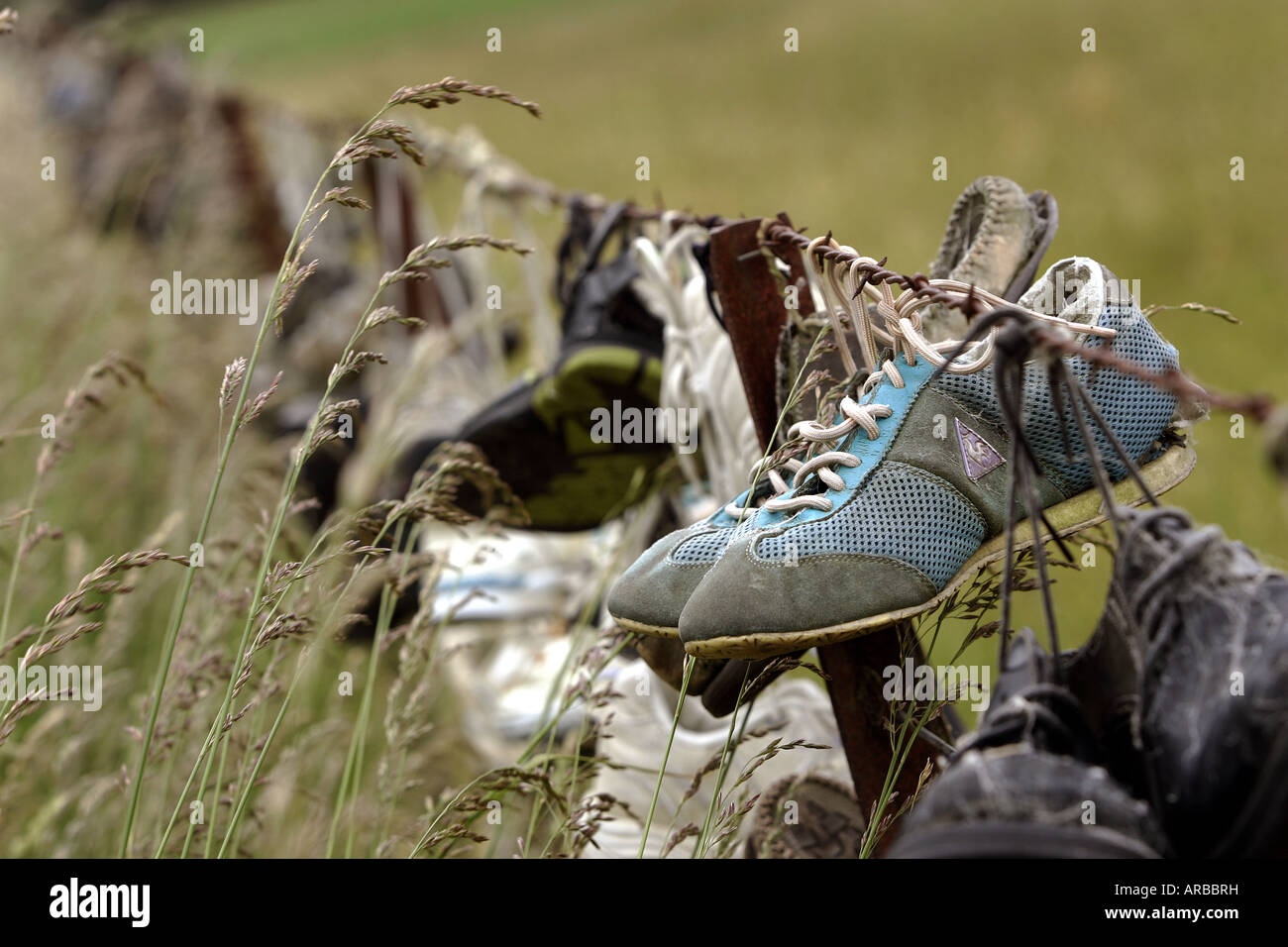 Fence near Blenheim New Zealand with lots of old shoes tied on to it Stock Photo