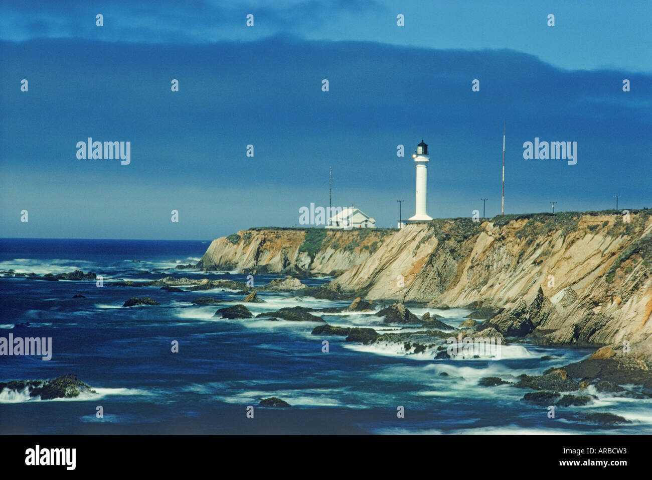 Point Arena Lighthouse on Pacific Coast in Northern California Stock Photo