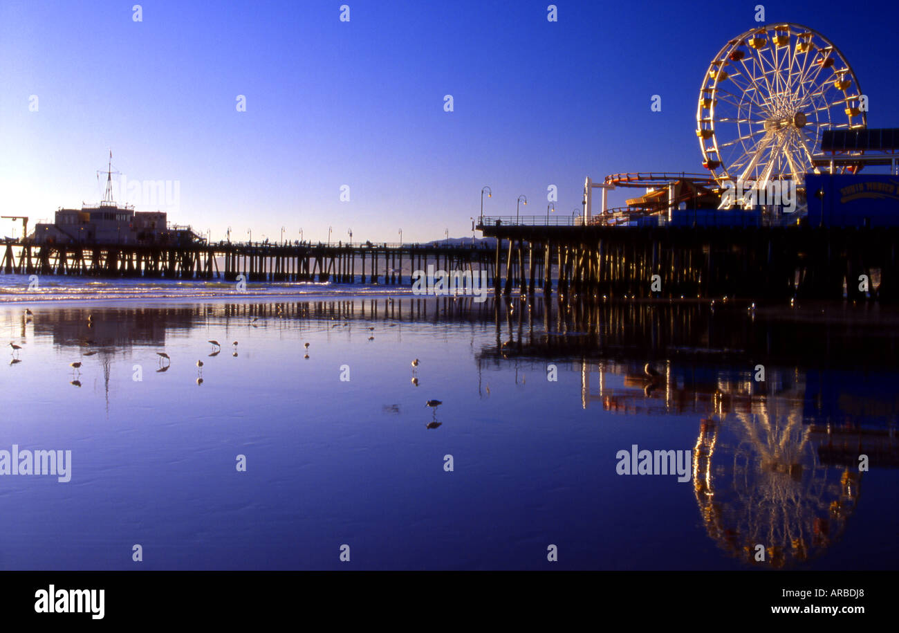 Low Tide Reflections At Sunset Santa Monica Pier Santa Monica Los Angeles County California USA Stock Photo