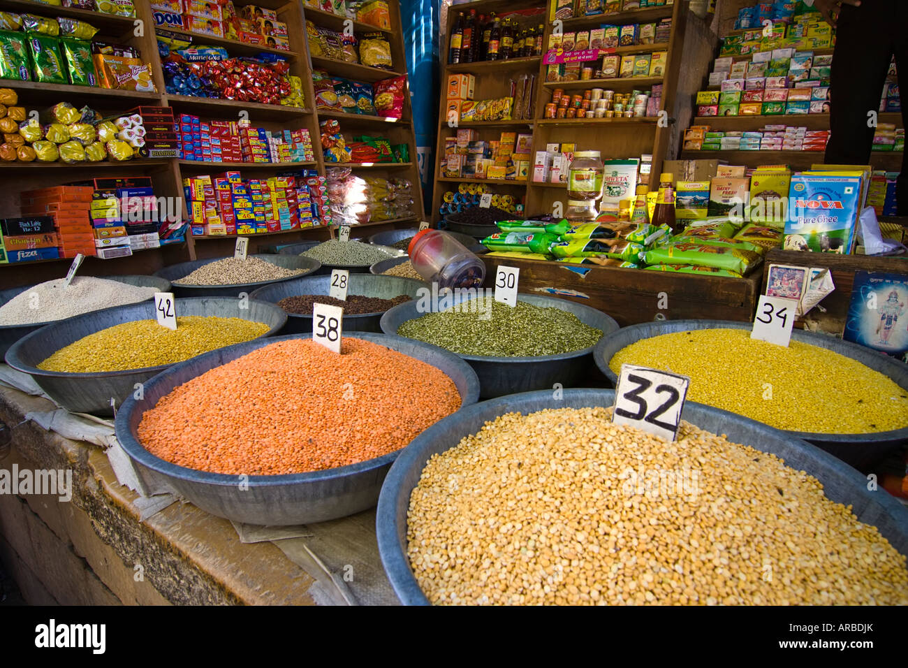 Lentils in a small grocery store Jaisalmer, Rajasthan, India Stock