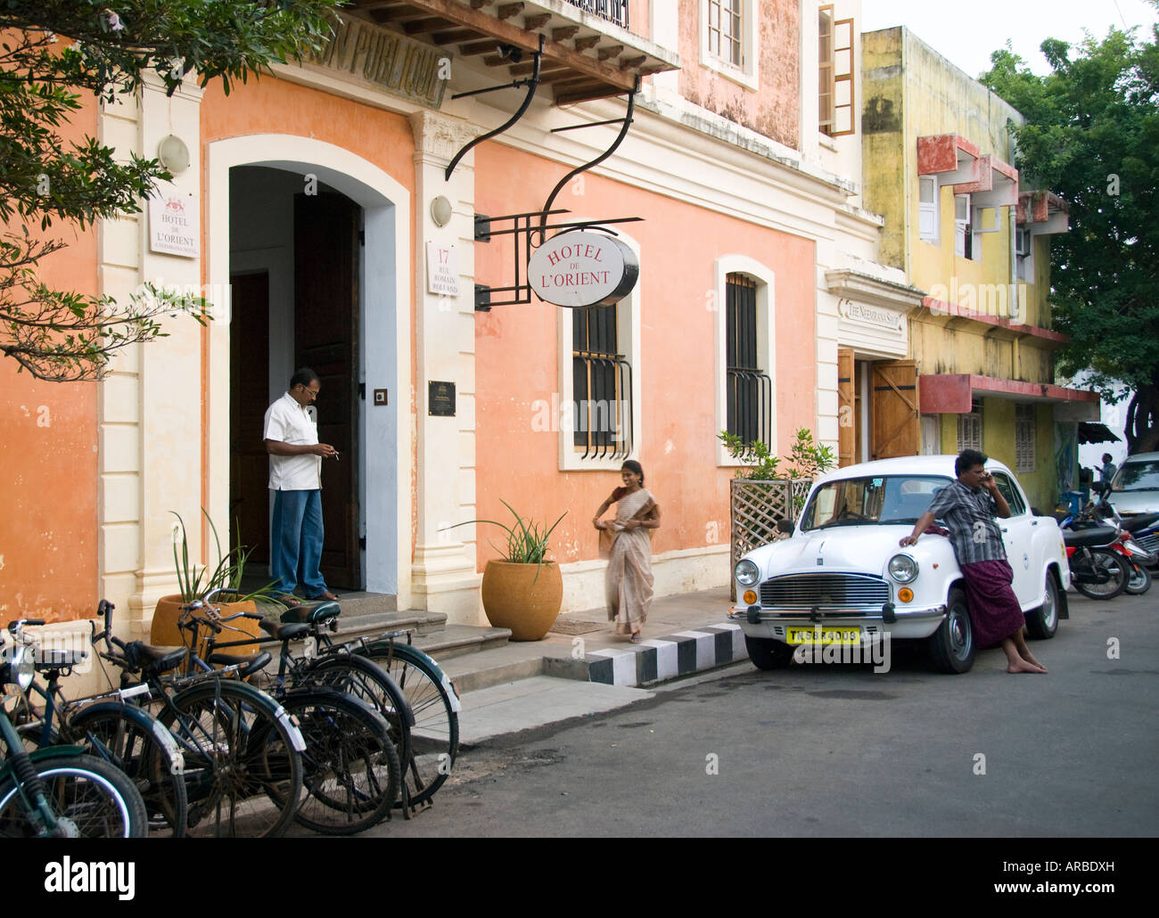 A hotel in a street in Pondicherry India Stock Photo