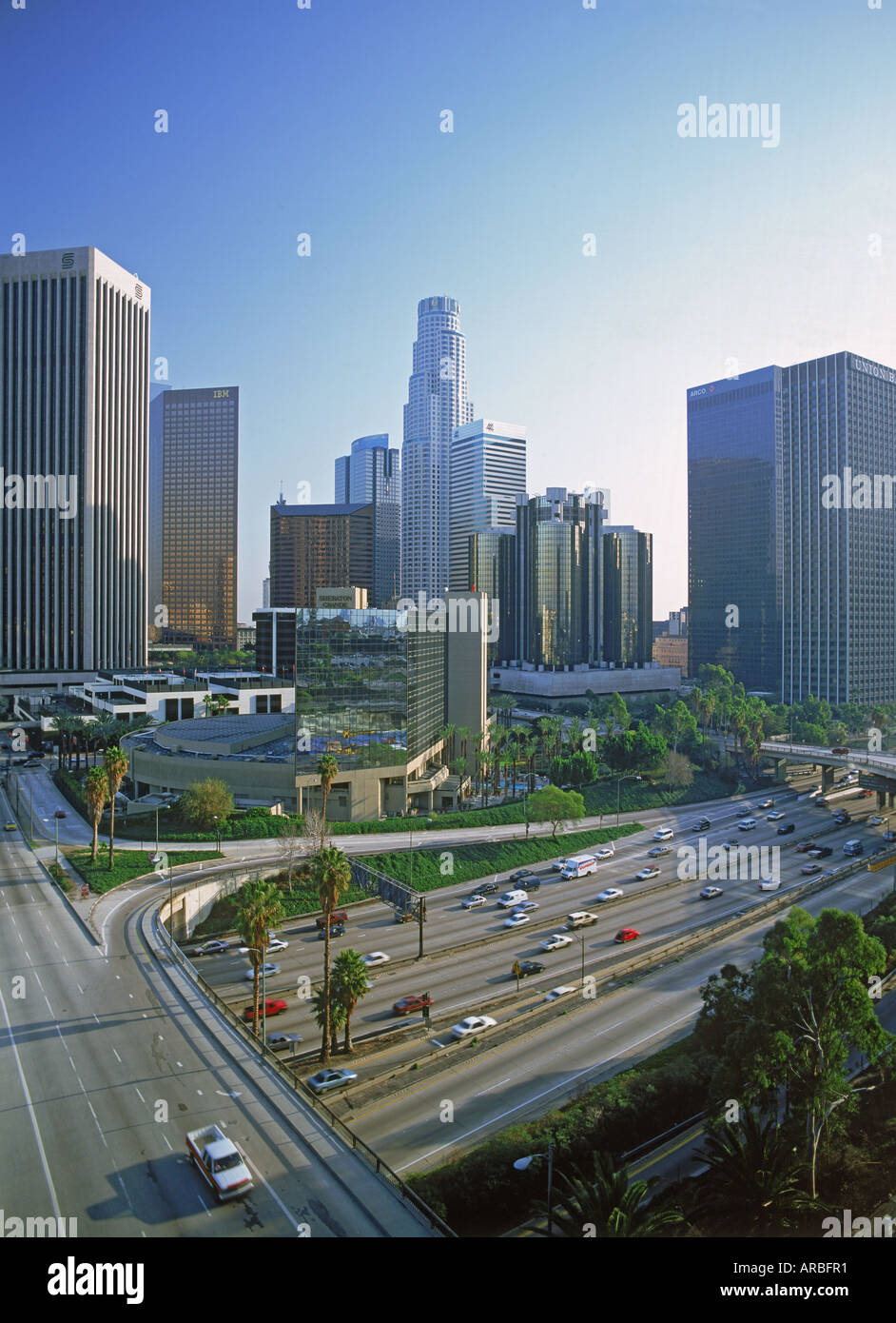 Downtown Los Angles with passing Harbor Freeway Stock Photo