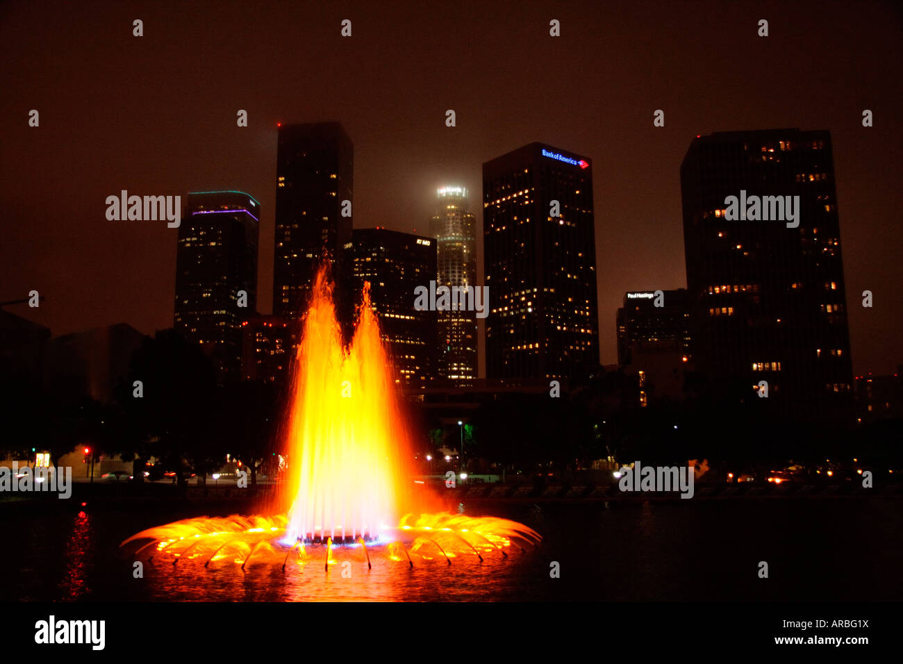 LA Night Skyline with water fountain-4 Stock Photo - Alamy