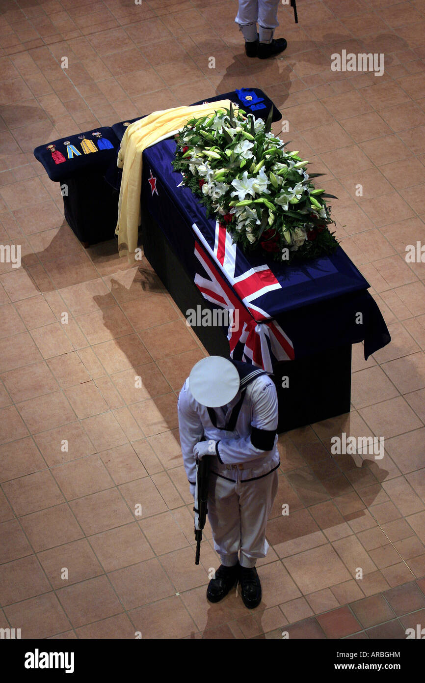 Sir Edmund Hillary's casket lying in state before his funeral in Auckland New Zealand Stock Photo