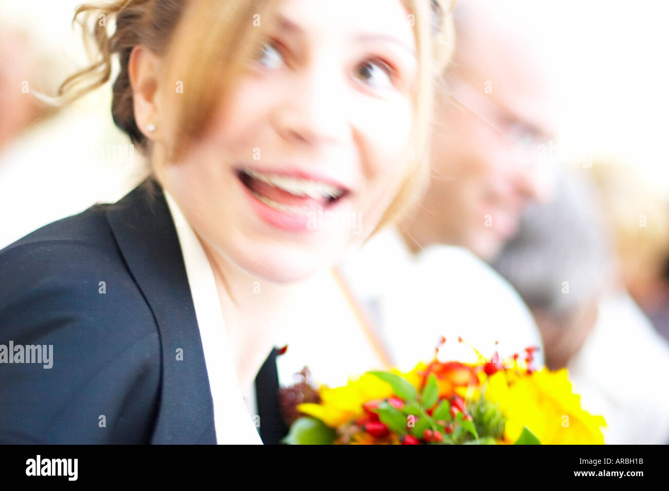 happy young woman with flowers Stock Photo - Alamy