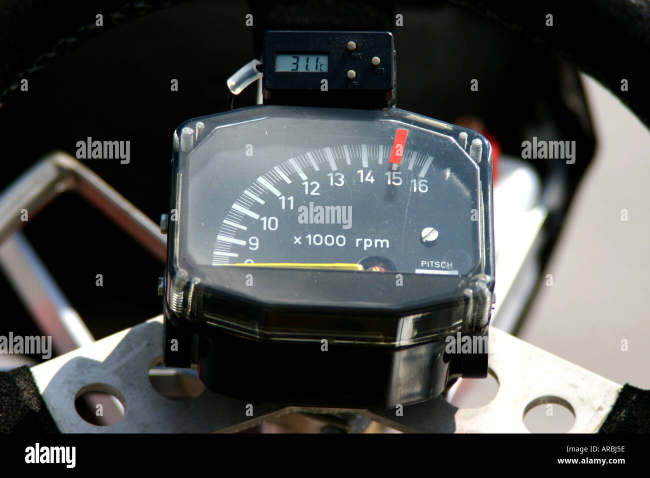 rev counter on a go-kart steering wheel Stock Photo
