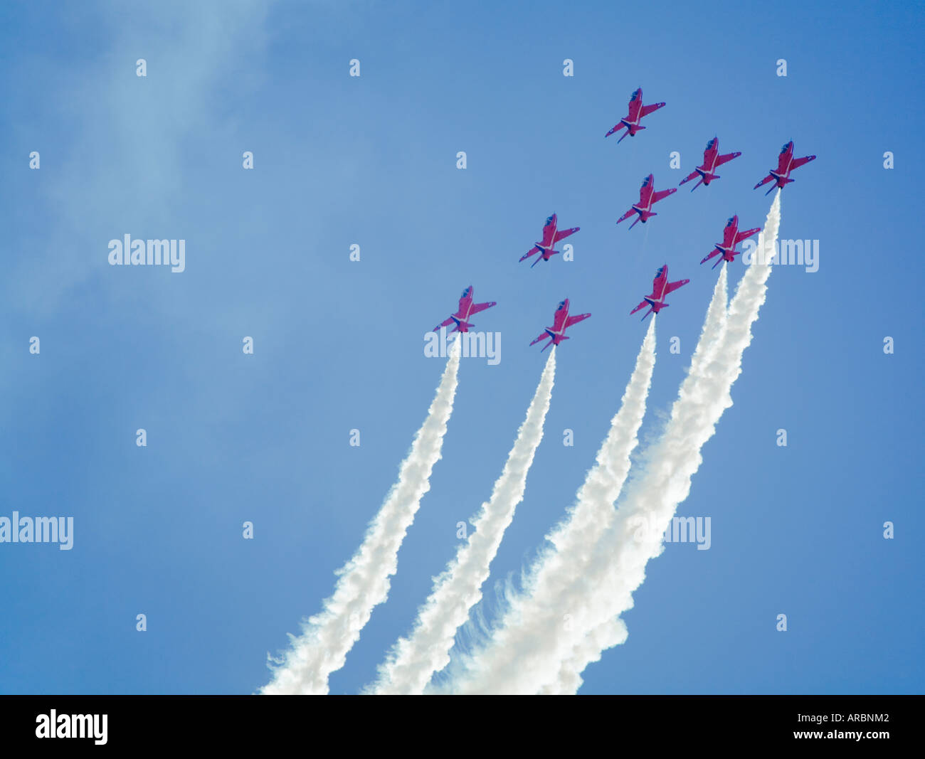 Red Arrows Royal Air Force Aerobatic Team in Pyramid / Vulcan formation  vertical climb during their 4000th display RAF Leuchars Stock Photo - Alamy