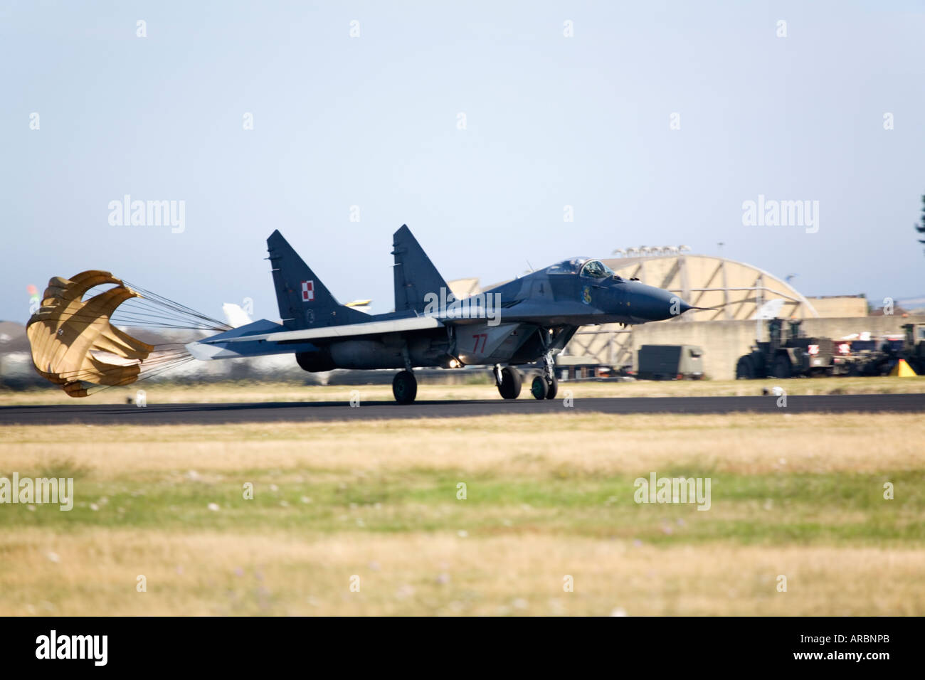 Polish Air Force MiG-29 Fulcrum jet trailing braking parachute Stock Photo