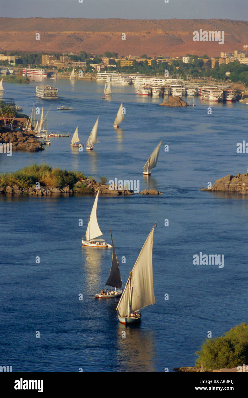 Feluccas on the River Nile, Aswan, Egypt, North Africa Stock Photo