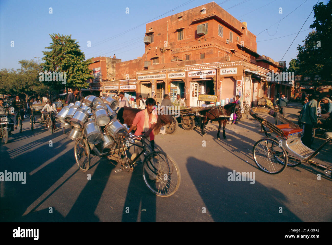 Market area with rickshaws, Jaipur, Rajasthan State, India Stock Photo