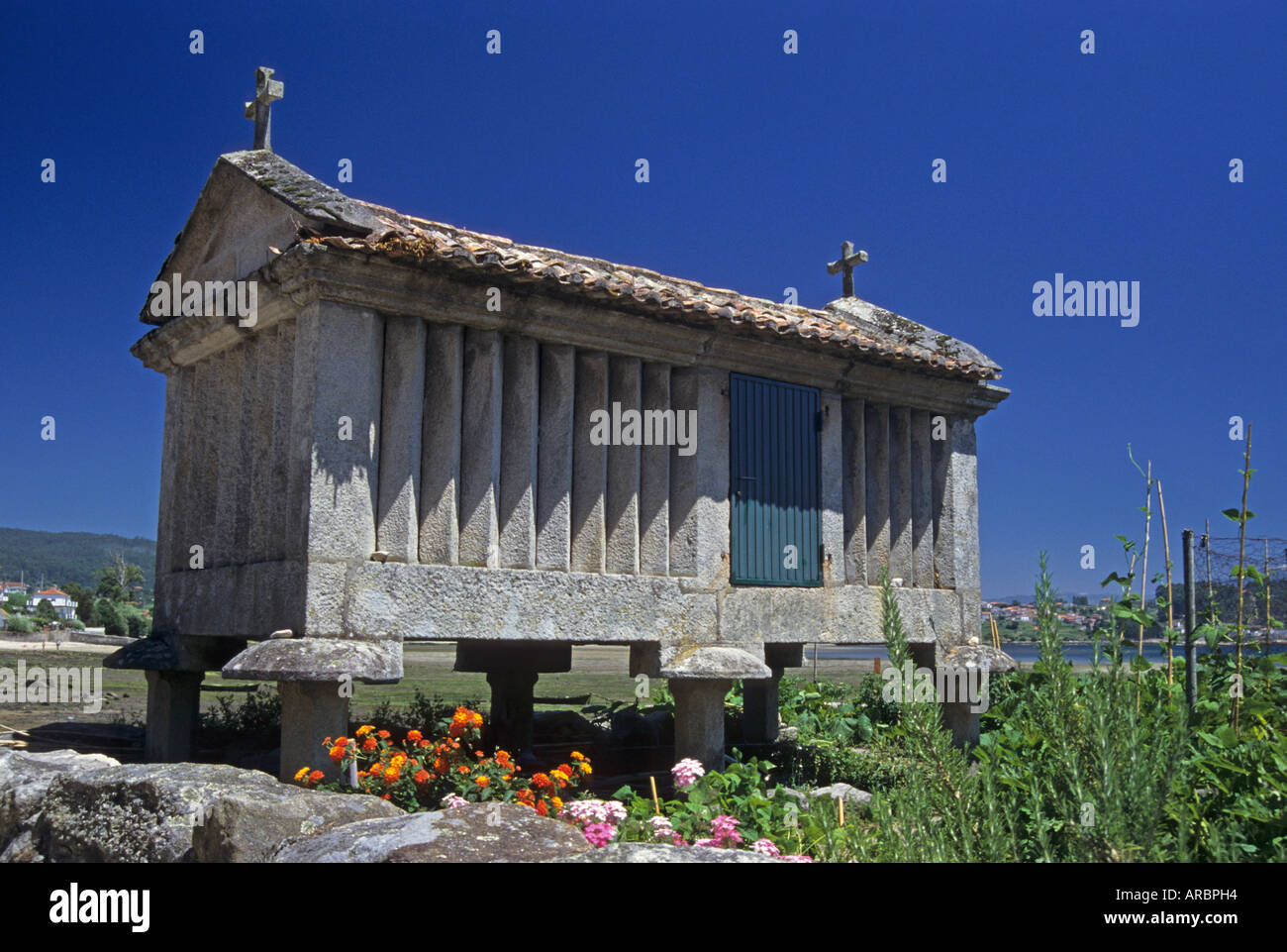 traditional galician barn called horreo in Combarro Rias Baixas Galicia Spain Stock Photo
