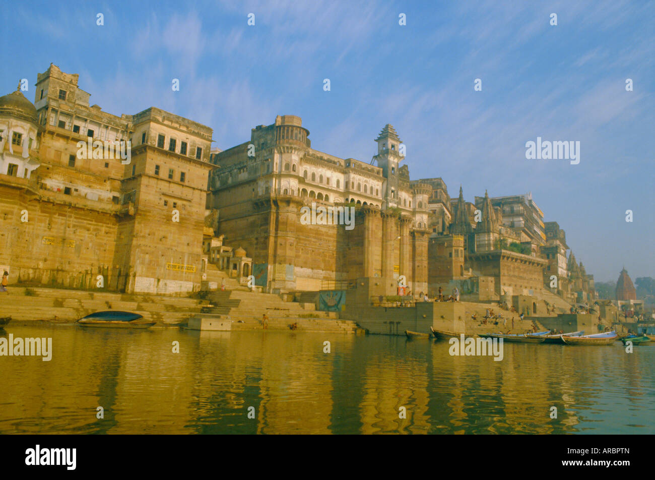 The waterfront at Varanasi, previously known as Benares, on the Ganges River, Uttar Pradesh, India Stock Photo